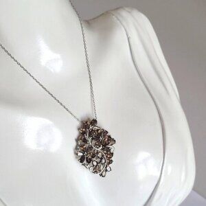 Vintage Sterling Silver Floral Filigree Smoky Quartz Crystal Pendant Necklace